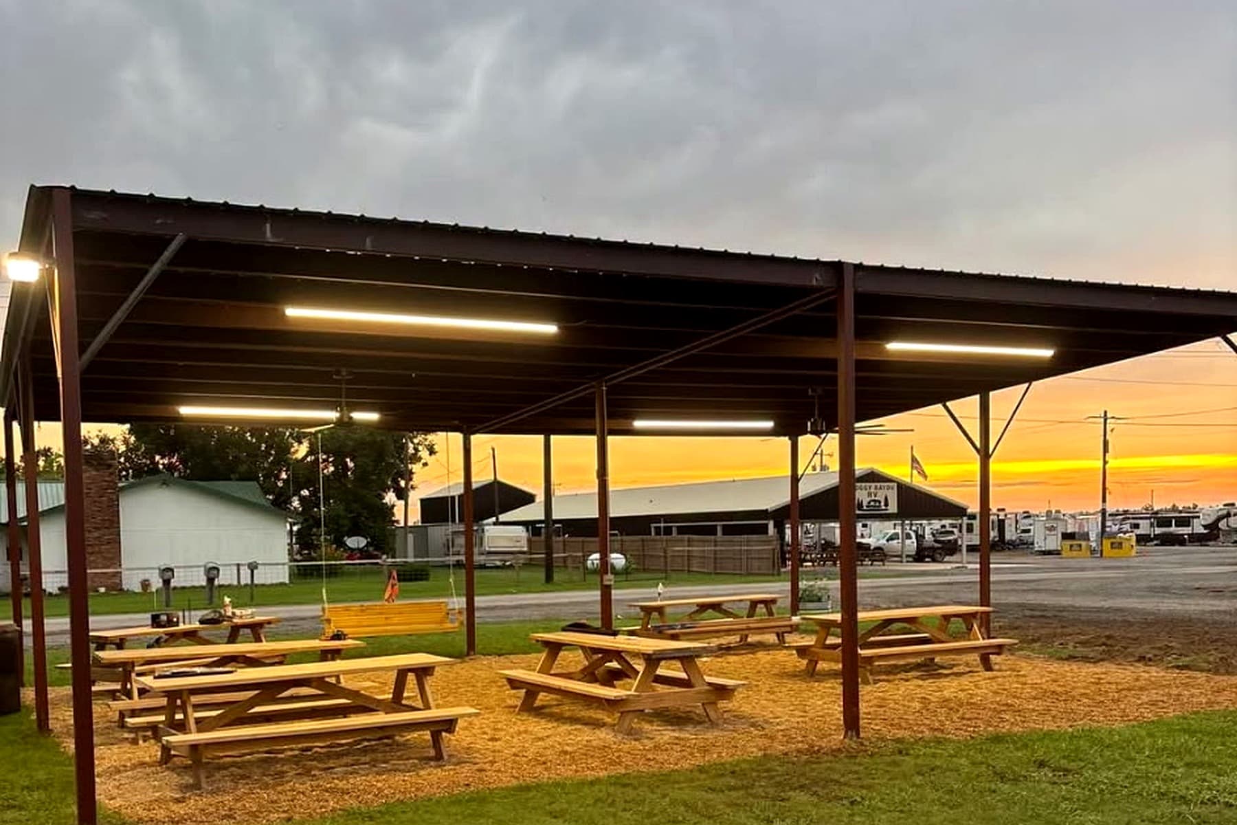 Cottonpatch RV Park pavilion at sunset, Rayville, Louisiana