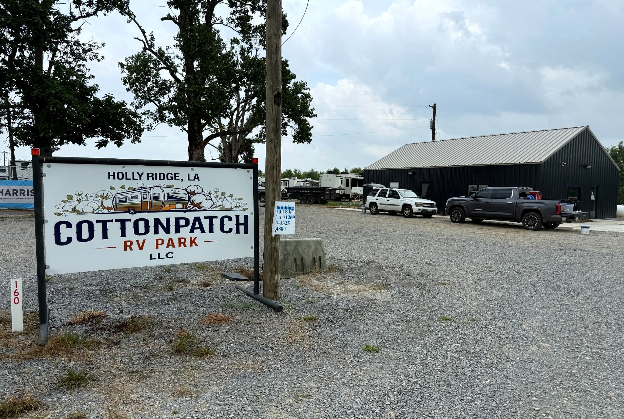 Cottonpatch RV Park entrance sign in Rayville, Louisiana